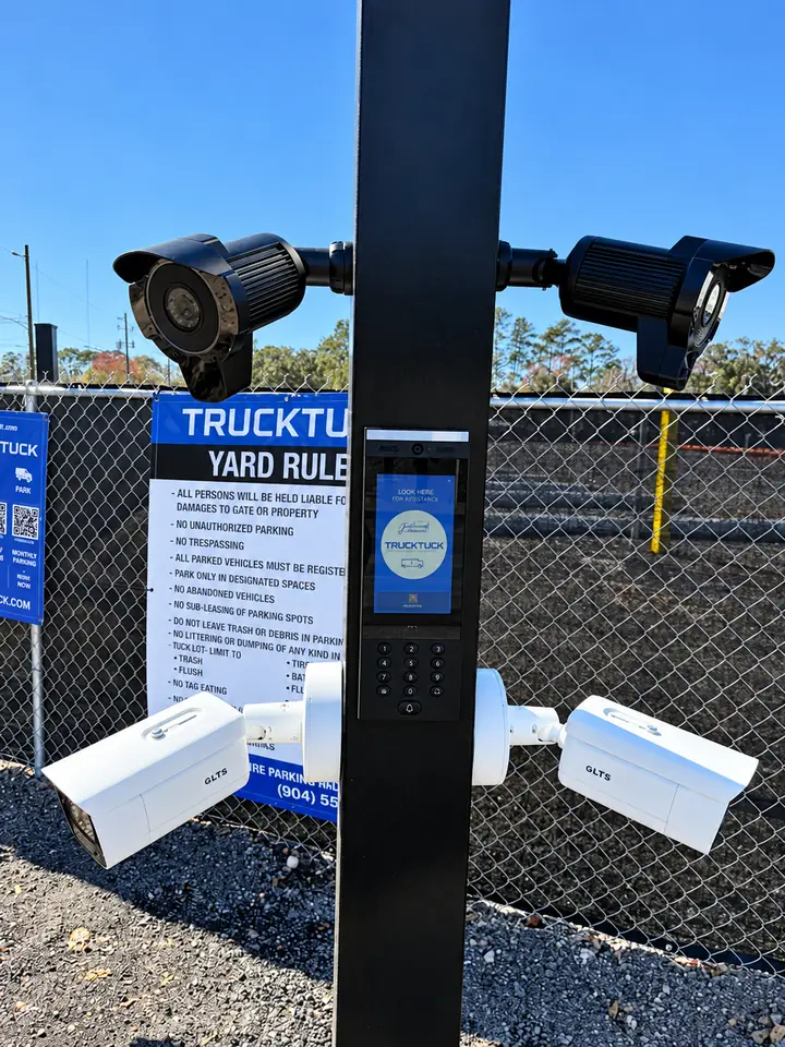 Security cameras and keypad entry kiosk at a TruckTuck lot