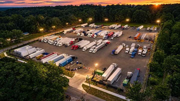 A TruckTuck truck parking lot lit up at dusk